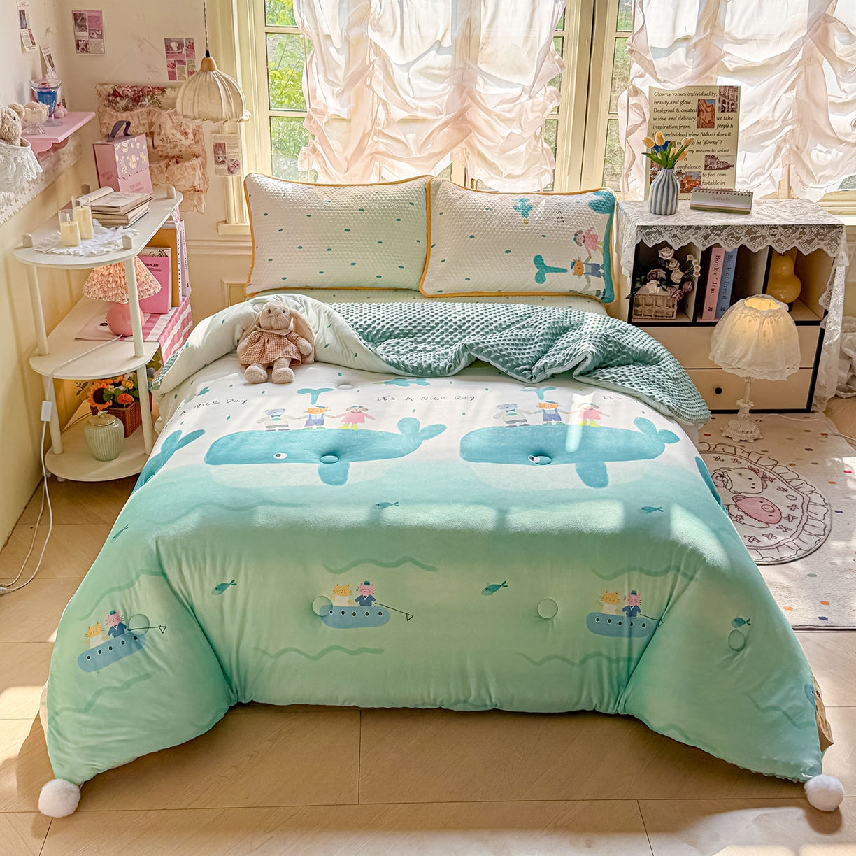 丫丫家纺 2026直播热款A类针织棉豆豆被夏被春秋被空调被儿童学生大版卡通被子被芯 小虎鲸