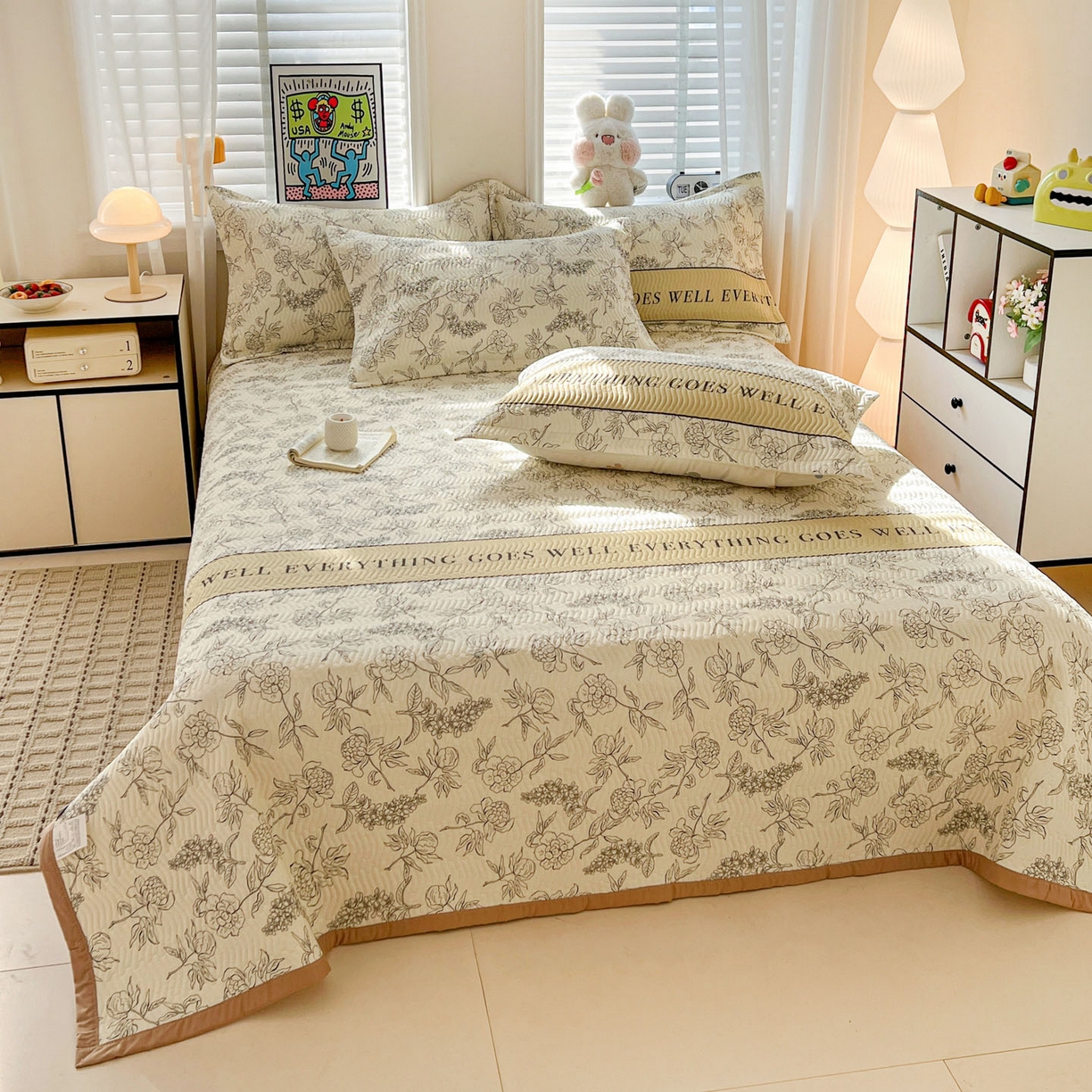 91家纺网 家纺一手货源 找家纺 梦精灵家纺 2026新款纯棉床盖单件全棉绗缝夹棉床单 四季通用榻榻米防滑学生宿舍单人被套枕套 午后茶花