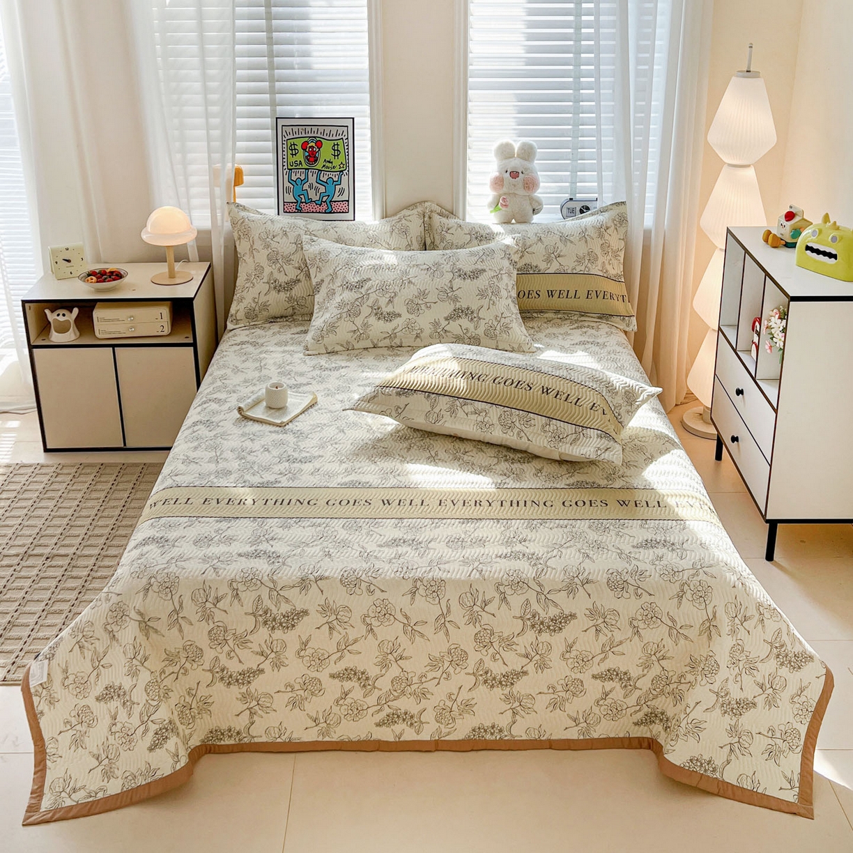 91家纺网 家纺一手货源 找家纺 梦精灵家纺 2026新款纯棉床盖单件全棉绗缝夹棉床单 四季通用榻榻米防滑学生宿舍单人被套枕套 午后茶花