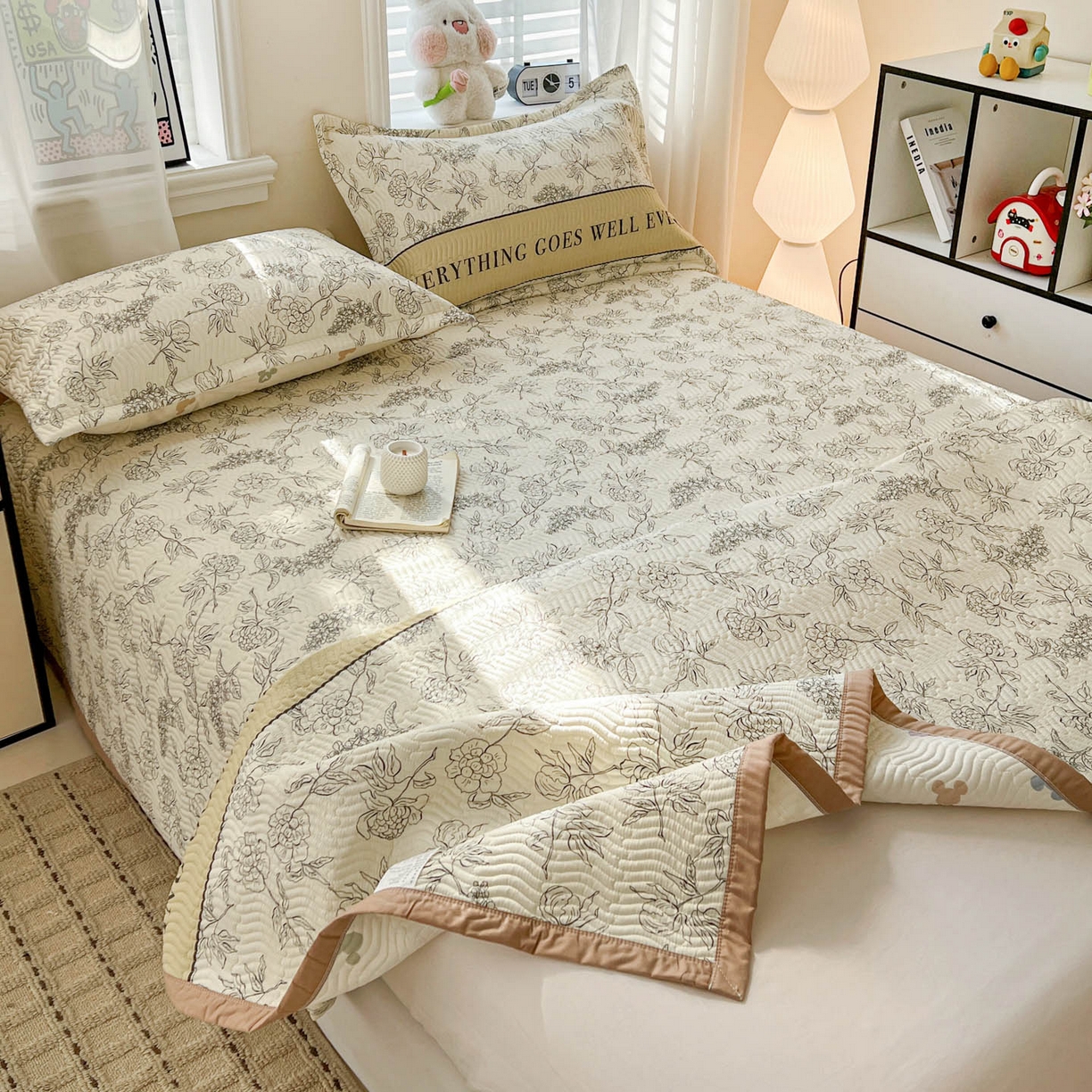 91家纺网 家纺一手货源 找家纺 梦精灵家纺 2026新款纯棉床盖单件全棉绗缝夹棉床单 四季通用榻榻米防滑学生宿舍单人被套枕套 午后茶花