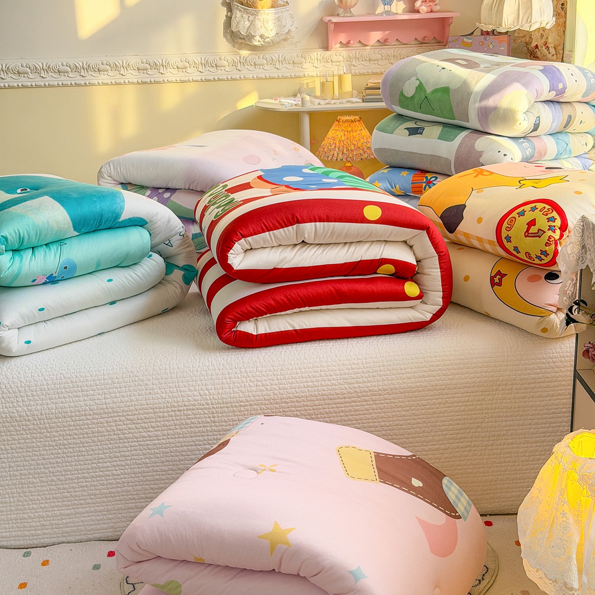 91家纺网 家纺一手货源 找家纺 丫丫家纺 2026直播热款A类针织棉豆豆被夏被春秋被空调被儿童学生大版卡通被子被芯 小虎鲸