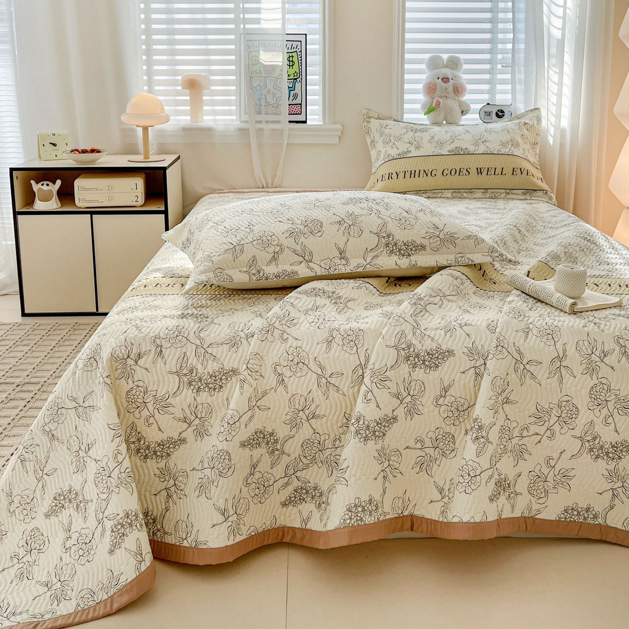 91家纺网 家纺一手货源 找家纺 梦精灵家纺 2026新款纯棉床盖单件全棉绗缝夹棉床单 四季通用榻榻米防滑学生宿舍单人被套枕套 午后茶花