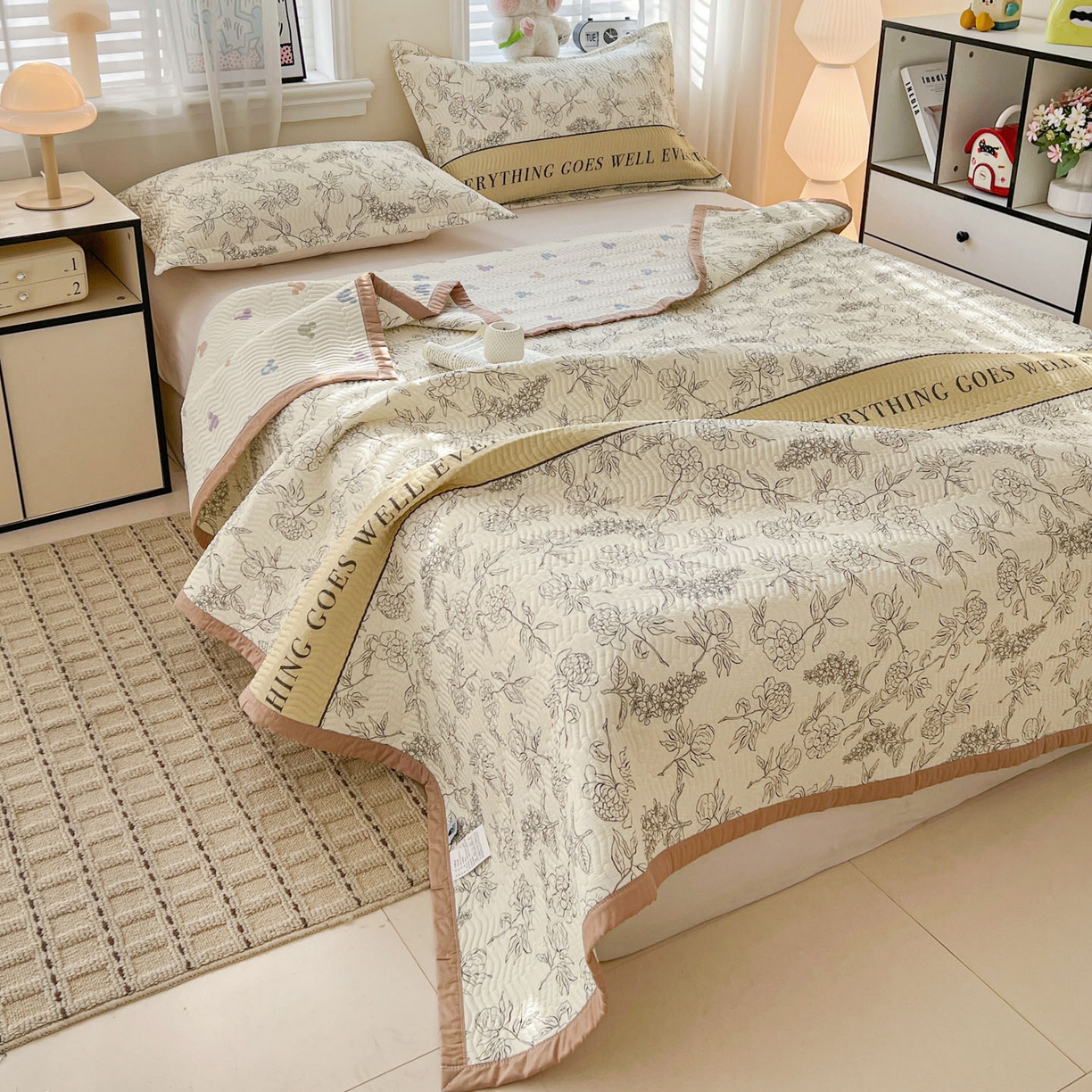 91家纺网 家纺一手货源 找家纺 梦精灵家纺 2026新款纯棉床盖单件全棉绗缝夹棉床单 四季通用榻榻米防滑学生宿舍单人被套枕套 午后茶花