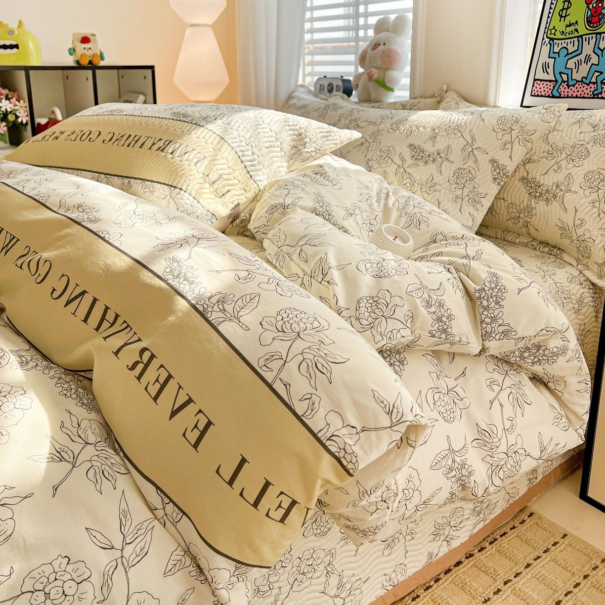 91家纺网 家纺一手货源 找家纺 梦精灵家纺 2026新款纯棉床盖单件全棉绗缝夹棉床单 四季通用榻榻米防滑学生宿舍单人被套枕套 午后茶花