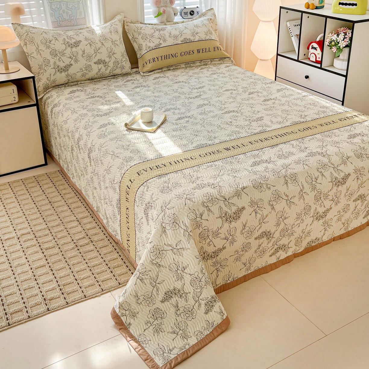 91家纺网 家纺一手货源 找家纺 梦精灵家纺 2026新款纯棉床盖单件全棉绗缝夹棉床单 四季通用榻榻米防滑学生宿舍单人被套枕套 午后茶花