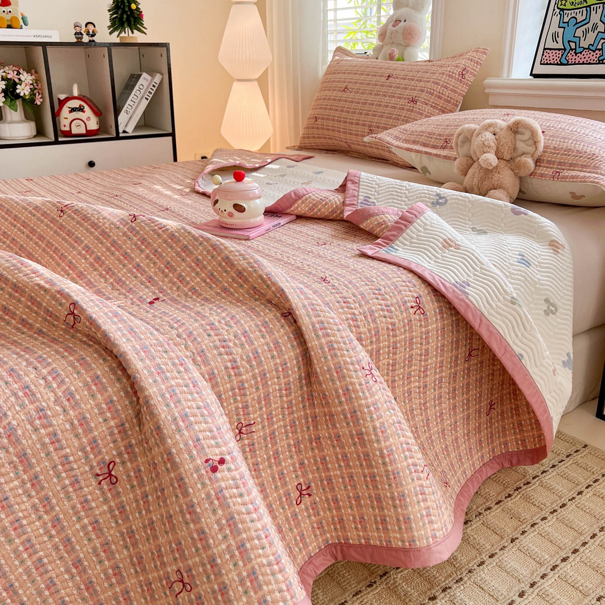 梦精灵家纺 2026新款纯棉床盖单件全棉绗缝夹棉床单 四季通用榻榻米防滑学生宿舍单人被套枕套 香风樱蝶