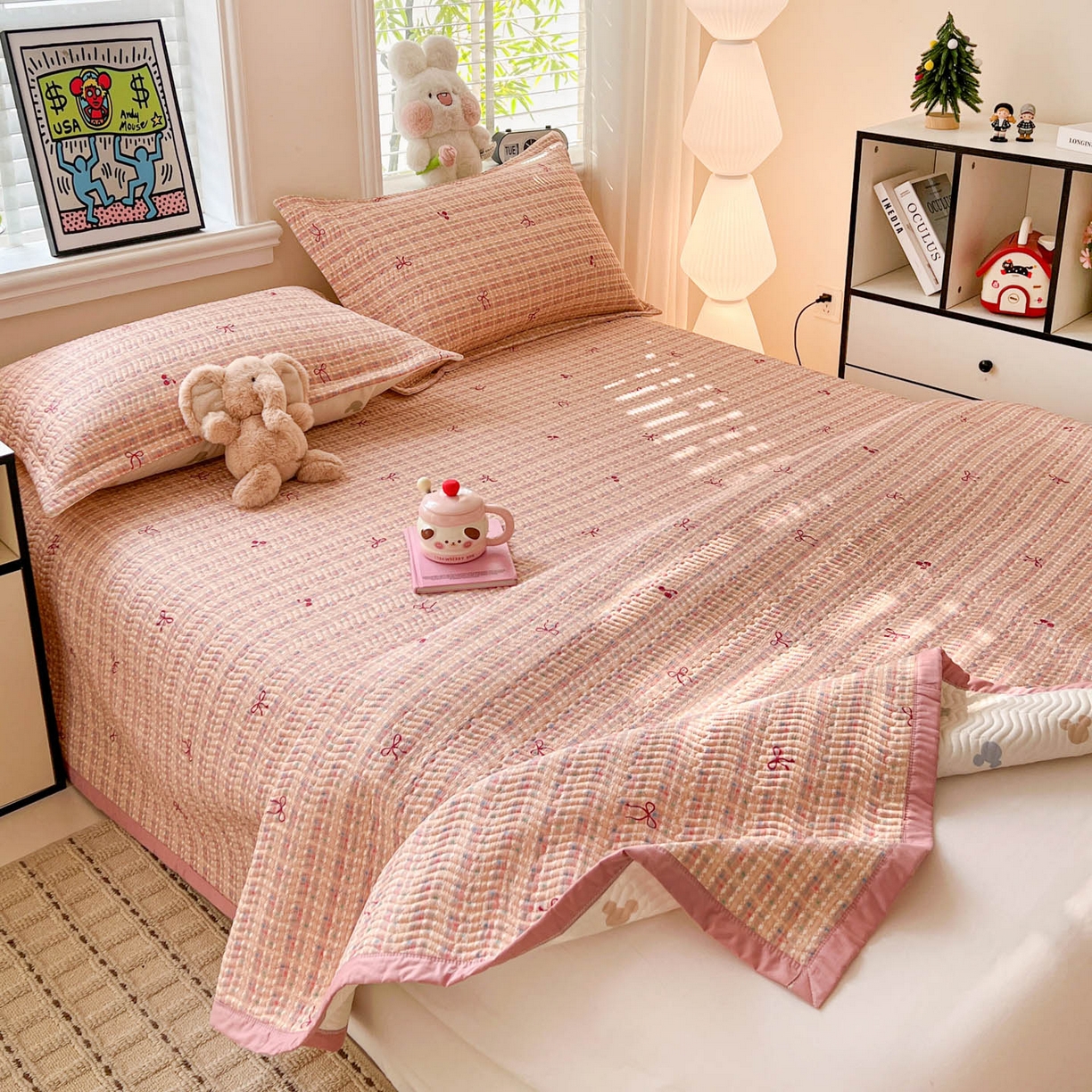 91家纺网 家纺一手货源 找家纺 梦精灵家纺 2026新款纯棉床盖单件全棉绗缝夹棉床单 四季通用榻榻米防滑学生宿舍单人被套枕套 香风樱蝶