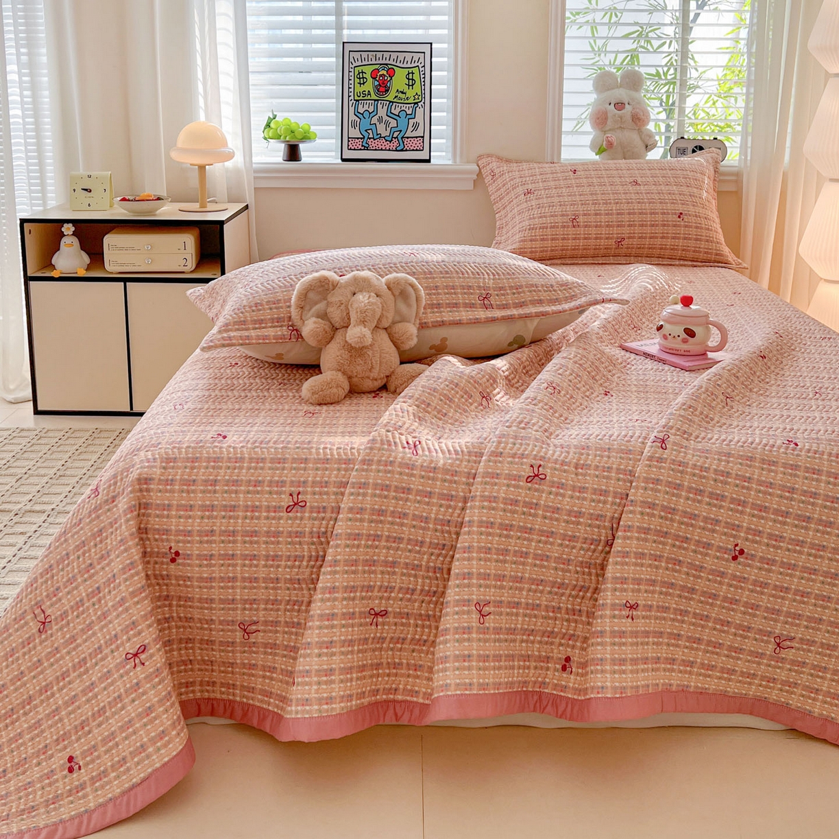 91家纺网 家纺一手货源 找家纺 梦精灵家纺 2026新款纯棉床盖单件全棉绗缝夹棉床单 四季通用榻榻米防滑学生宿舍单人被套枕套 香风樱蝶