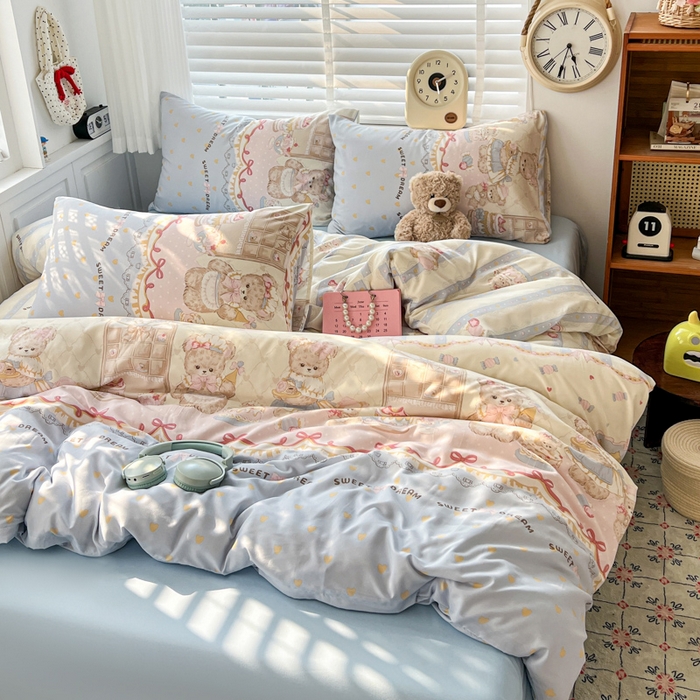 91家纺网 家纺一手货源 找家纺 朵朵家纺 2026新款水洗印花床单床笠款三四件套学生三四件套 艾米莉