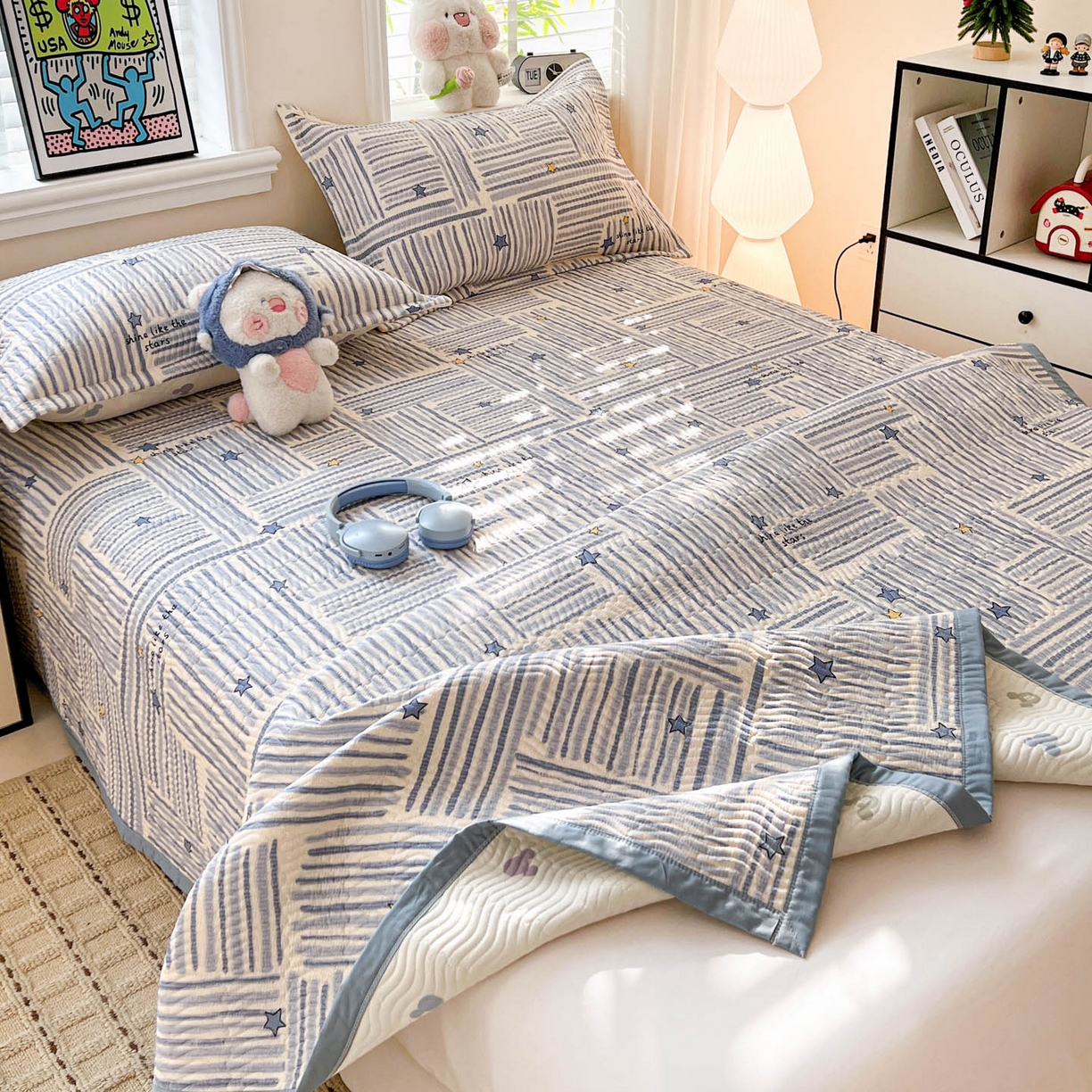 91家纺网 家纺一手货源 找家纺 梦精灵家纺 2026新款纯棉床盖单件全棉绗缝夹棉床单 四季通用榻榻米防滑学生宿舍单人被套枕套 星织影