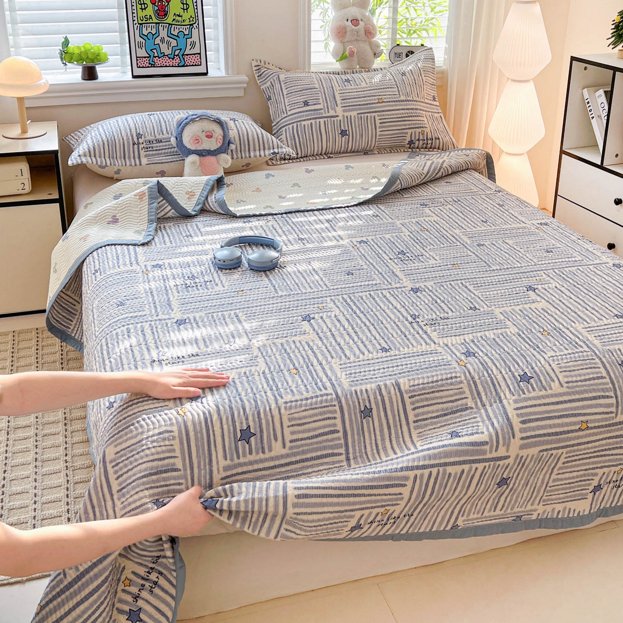 91家纺网 家纺一手货源 找家纺 梦精灵家纺 2026新款纯棉床盖单件全棉绗缝夹棉床单 四季通用榻榻米防滑学生宿舍单人被套枕套 星织影