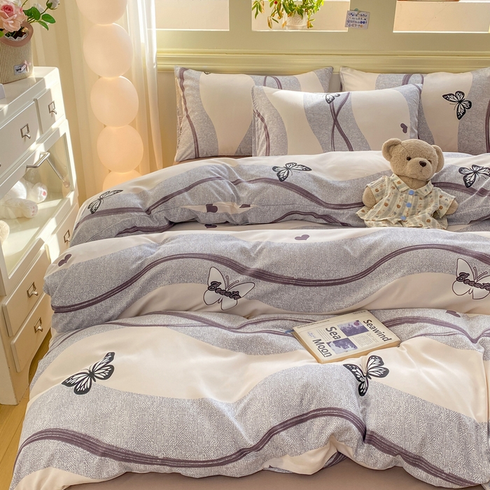 91家纺网 家纺一手货源 找家纺 朵朵家纺 2026新款水洗印花床单床笠款三四件套学生三四件套 蝶恋心