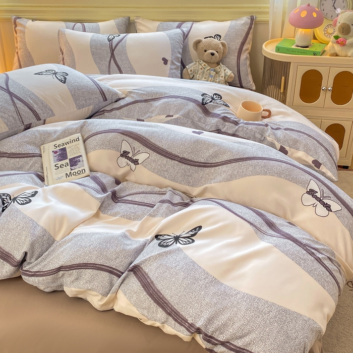 91家纺网 家纺一手货源 找家纺 朵朵家纺 2026新款水洗印花床单床笠款三四件套学生三四件套 蝶恋心