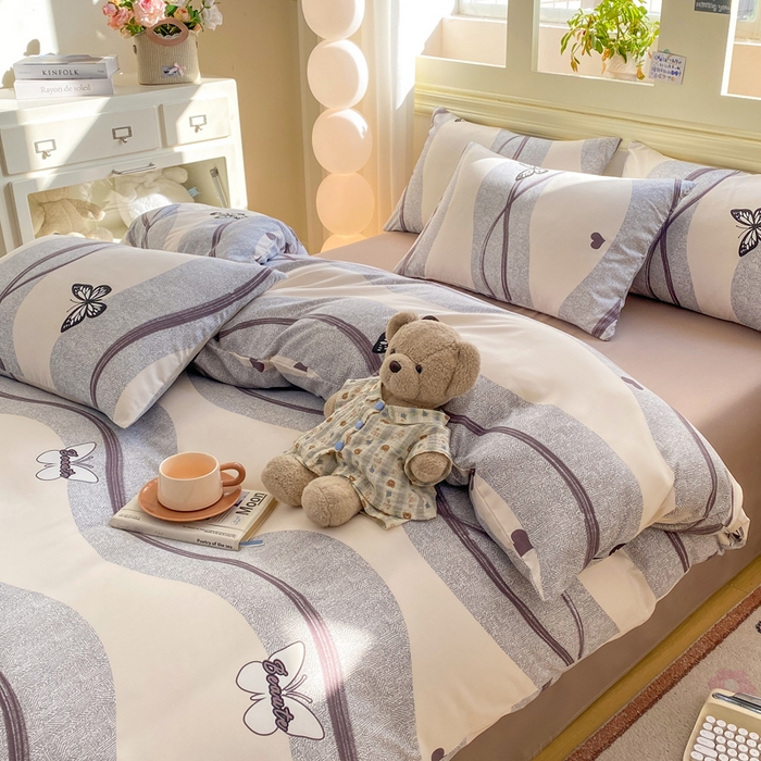 91家纺网 家纺一手货源 找家纺 朵朵家纺 2026新款水洗印花床单床笠款三四件套学生三四件套 蝶恋心