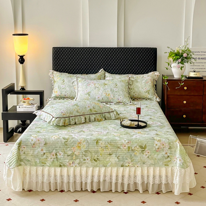 胜权家纺 2026新款A类全棉法式13372数码印花夹棉床盖单品系列 花海绿