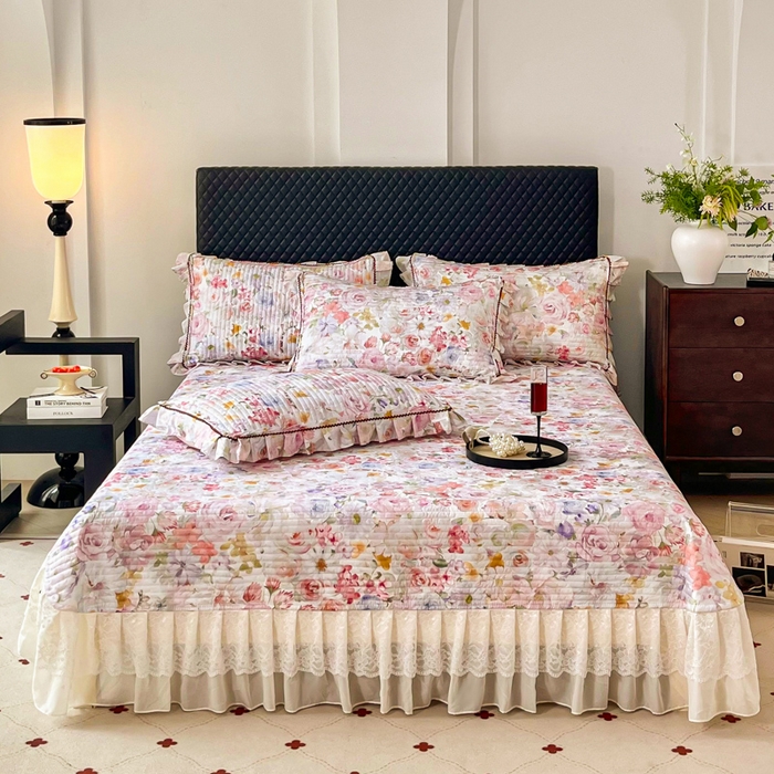 胜权家纺 2026新款A类全棉法式13372数码印花夹棉床盖单品系列 锦绣繁华粉