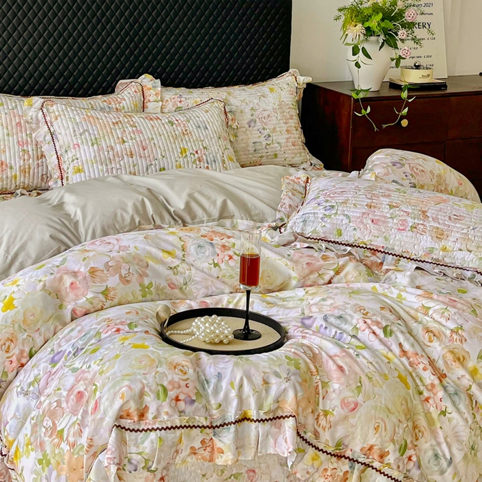 91家纺网 家纺一手货源 找家纺 胜权家纺 2026新款A类全棉法式13372数码印花夹棉床盖单品系列 锦绣繁华绿