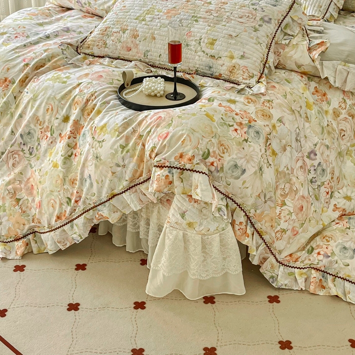 91家纺网 家纺一手货源 找家纺 胜权家纺 2026新款A类全棉法式13372数码印花夹棉床盖单品系列 锦绣繁华绿