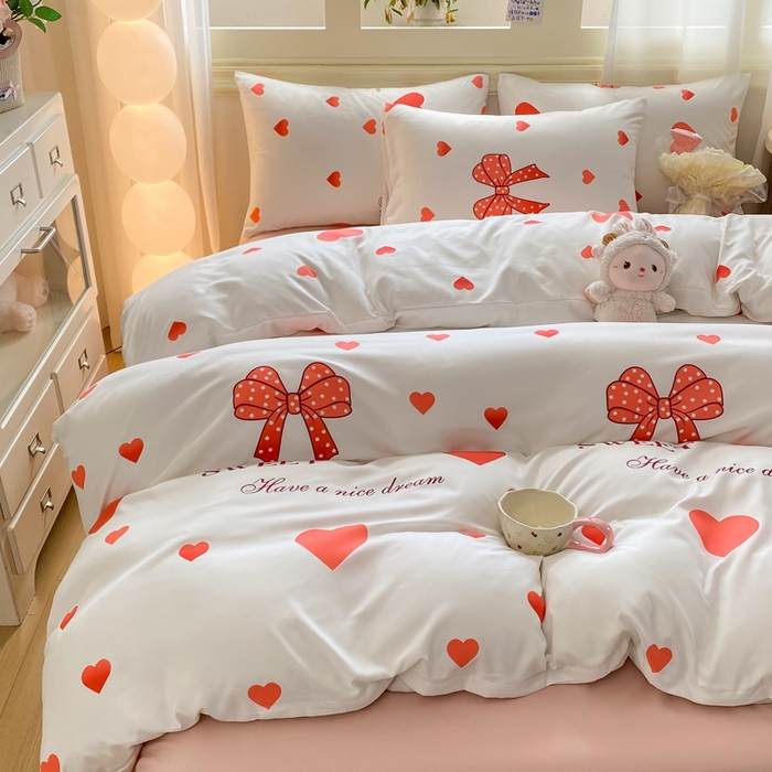 91家纺网 家纺一手货源 找家纺 朵朵家纺 2026新款水洗印花床单床笠款三四件套学生三四件套 甜心结