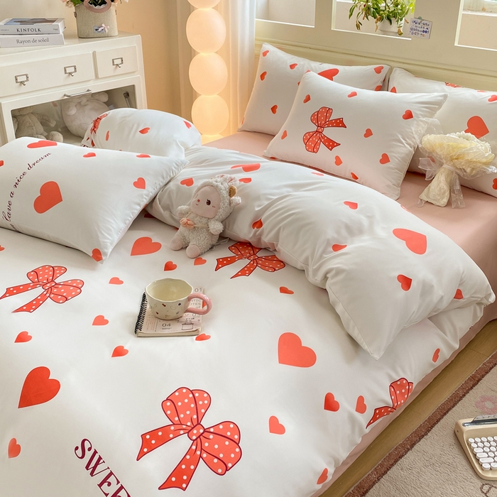 91家纺网 家纺一手货源 找家纺 朵朵家纺 2026新款水洗印花床单床笠款三四件套学生三四件套 甜心结