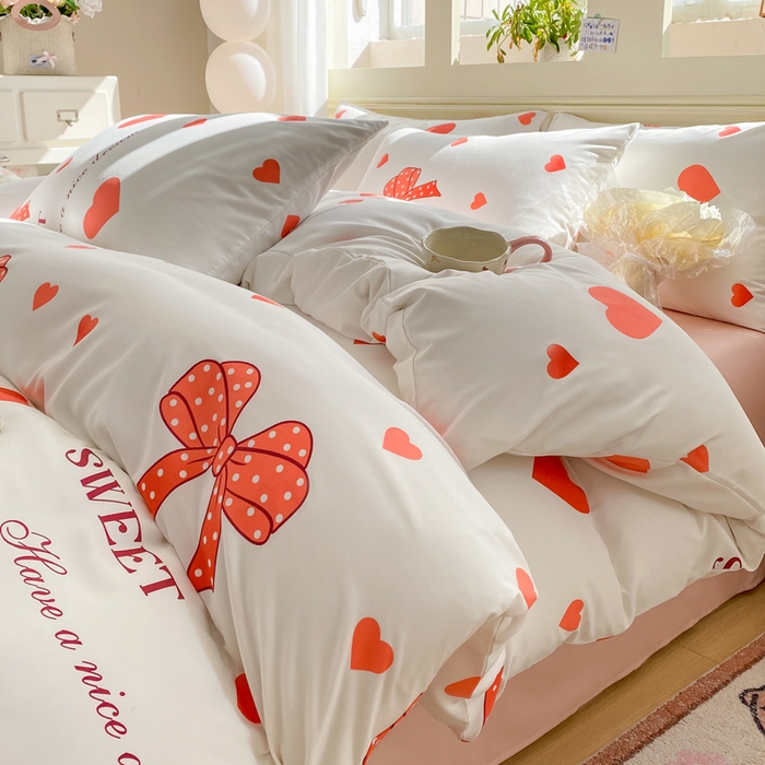 91家纺网 家纺一手货源 找家纺 朵朵家纺 2026新款水洗印花床单床笠款三四件套学生三四件套 甜心结