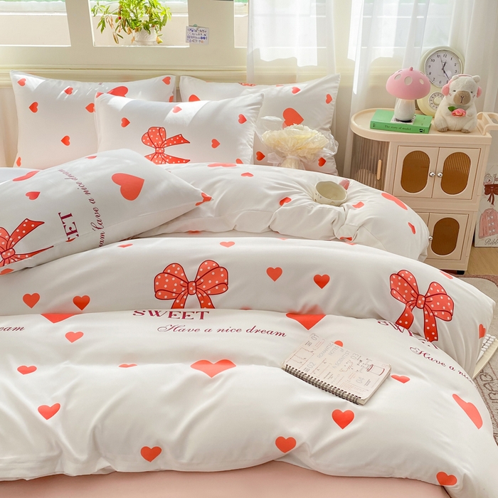 91家纺网 家纺一手货源 找家纺 朵朵家纺 2026新款水洗印花床单床笠款三四件套学生三四件套 甜心结