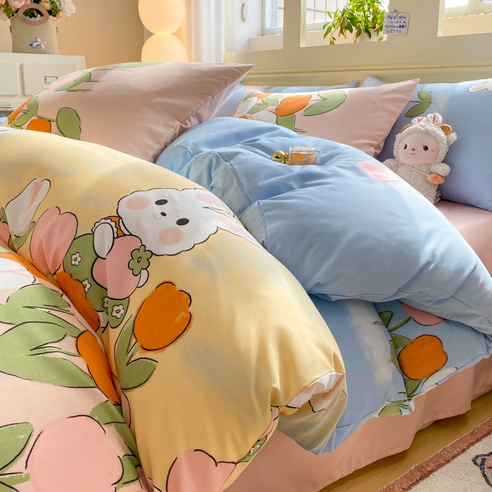 91家纺网 家纺一手货源 找家纺 朵朵家纺 2026新款水洗印花床单床笠款三四件套学生三四件套 兔兔花园