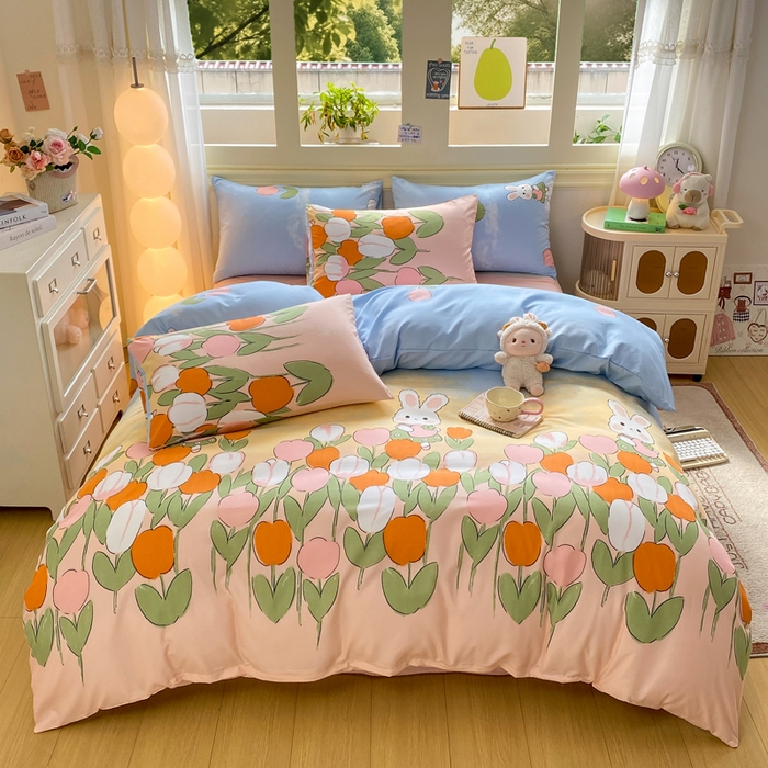 91家纺网 家纺一手货源 找家纺 朵朵家纺 2026新款水洗印花床单床笠款三四件套学生三四件套 兔兔花园