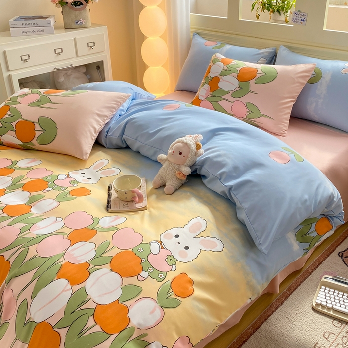 91家纺网 家纺一手货源 找家纺 朵朵家纺 2026新款水洗印花床单床笠款三四件套学生三四件套 兔兔花园