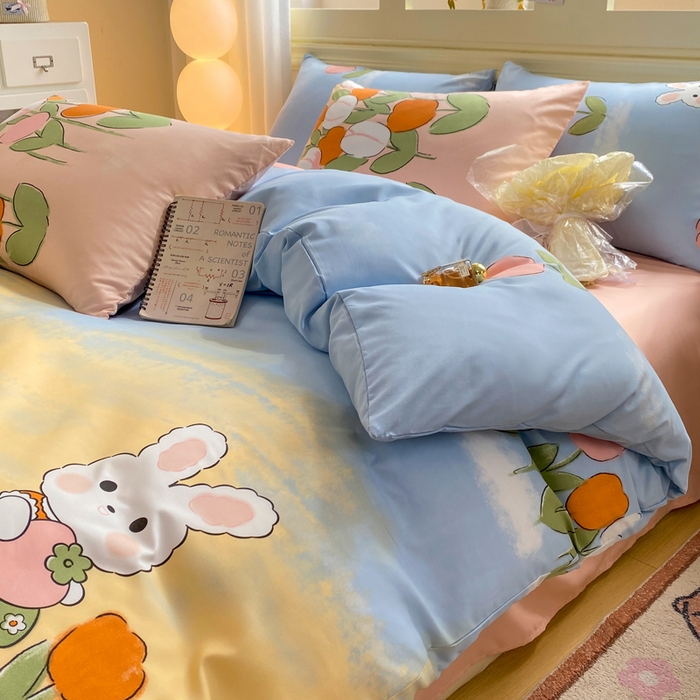 91家纺网 家纺一手货源 找家纺 朵朵家纺 2026新款水洗印花床单床笠款三四件套学生三四件套 兔兔花园