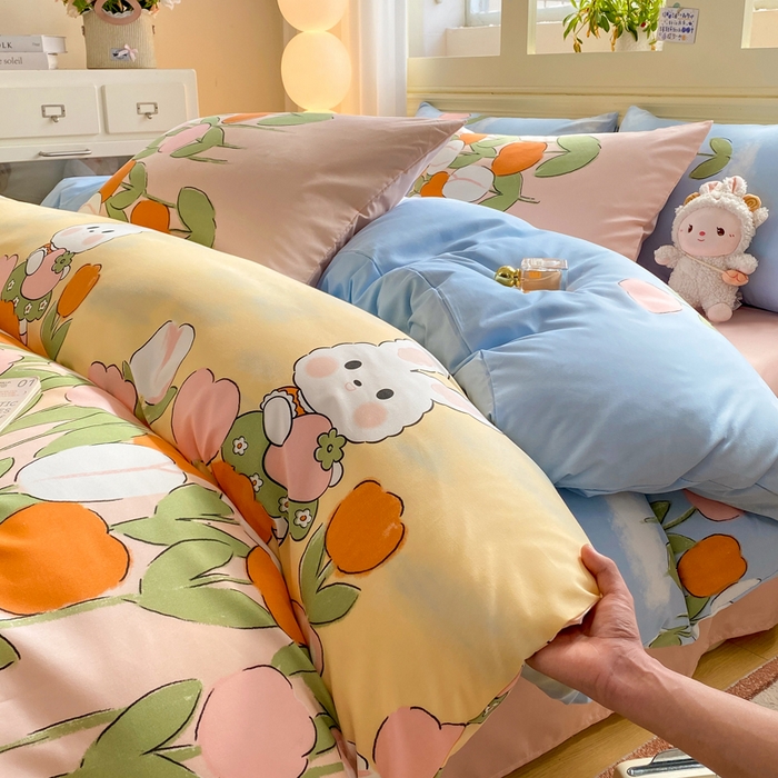 91家纺网 家纺一手货源 找家纺 朵朵家纺 2026新款水洗印花床单床笠款三四件套学生三四件套 兔兔花园