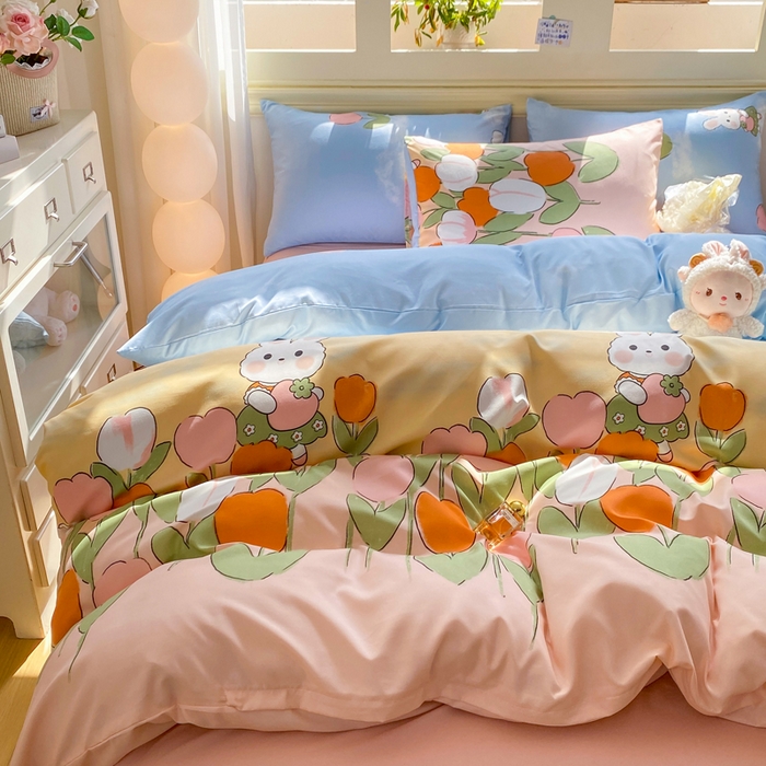 91家纺网 家纺一手货源 找家纺 朵朵家纺 2026新款水洗印花床单床笠款三四件套学生三四件套 兔兔花园