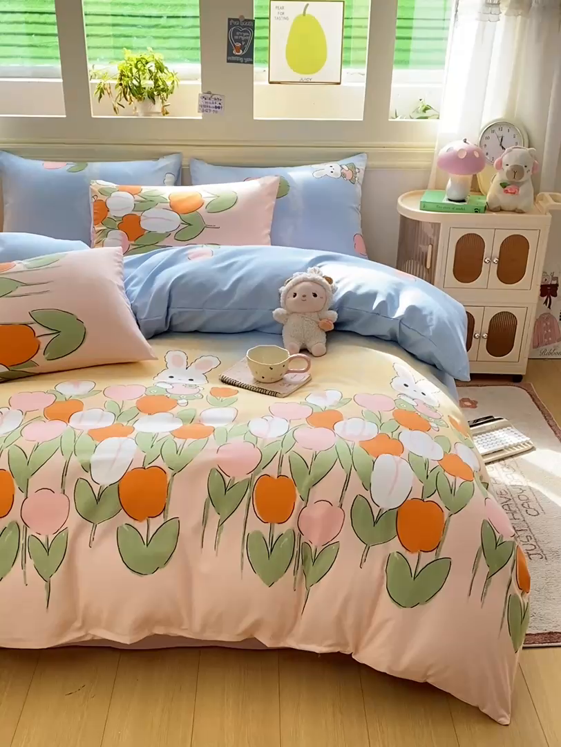 91家纺网 家纺一手货源 找家纺 朵朵家纺 2026新款水洗印花床单床笠款三四件套学生三四件套 兔兔花园
