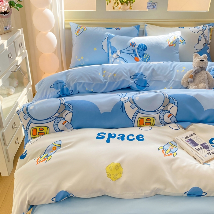 91家纺网 家纺一手货源 找家纺 朵朵家纺 2026新款水洗印花床单床笠款三四件套学生三四件套 宇航员