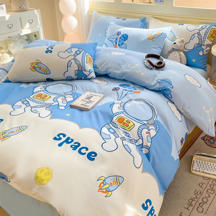 91家纺网 家纺一手货源 找家纺 朵朵家纺 2026新款水洗印花床单床笠款三四件套学生三四件套 宇航员