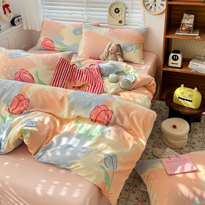 91家纺网 家纺一手货源 找家纺 朵朵家纺 2026新款水洗印花床单床笠款三四件套学生三四件套 郁金花海-粉