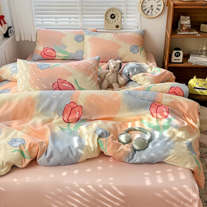 91家纺网 家纺一手货源 找家纺 朵朵家纺 2026新款水洗印花床单床笠款三四件套学生三四件套 郁金花海-粉