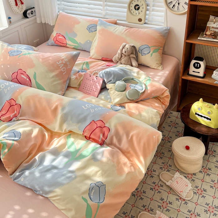 91家纺网 家纺一手货源 找家纺 朵朵家纺 2026新款水洗印花床单床笠款三四件套学生三四件套 郁金花海-粉