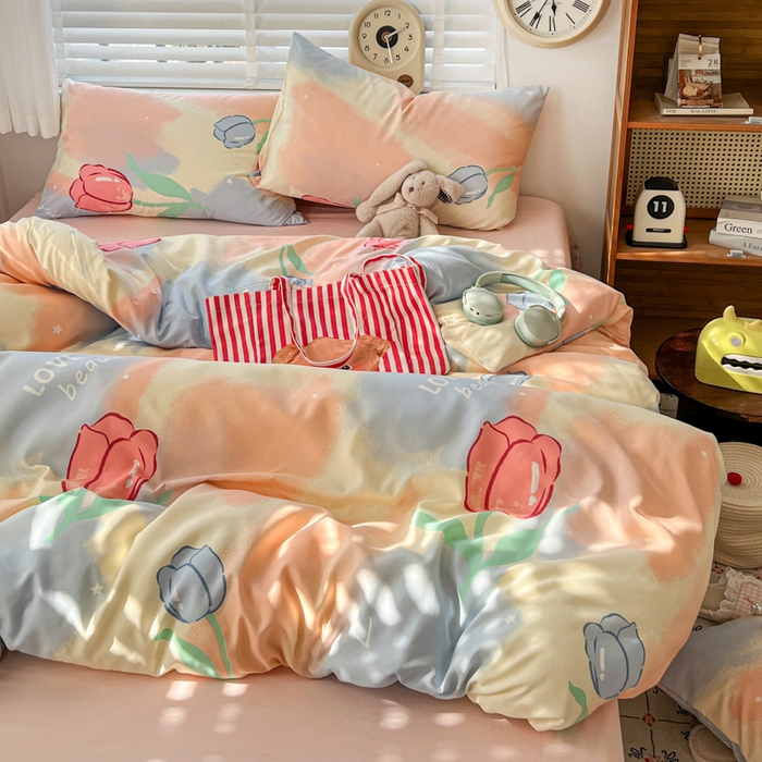 91家纺网 家纺一手货源 找家纺 朵朵家纺 2026新款水洗印花床单床笠款三四件套学生三四件套 郁金花海-粉