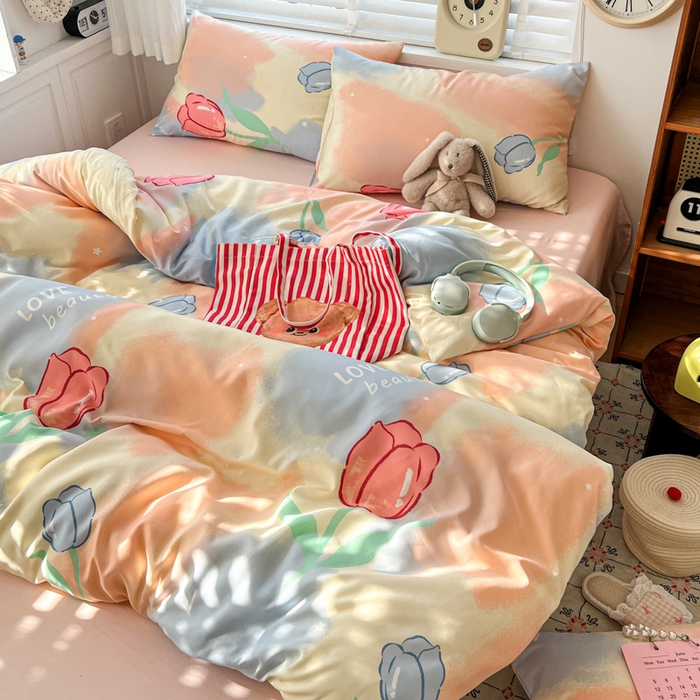 91家纺网 家纺一手货源 找家纺 朵朵家纺 2026新款水洗印花床单床笠款三四件套学生三四件套 郁金花海-粉