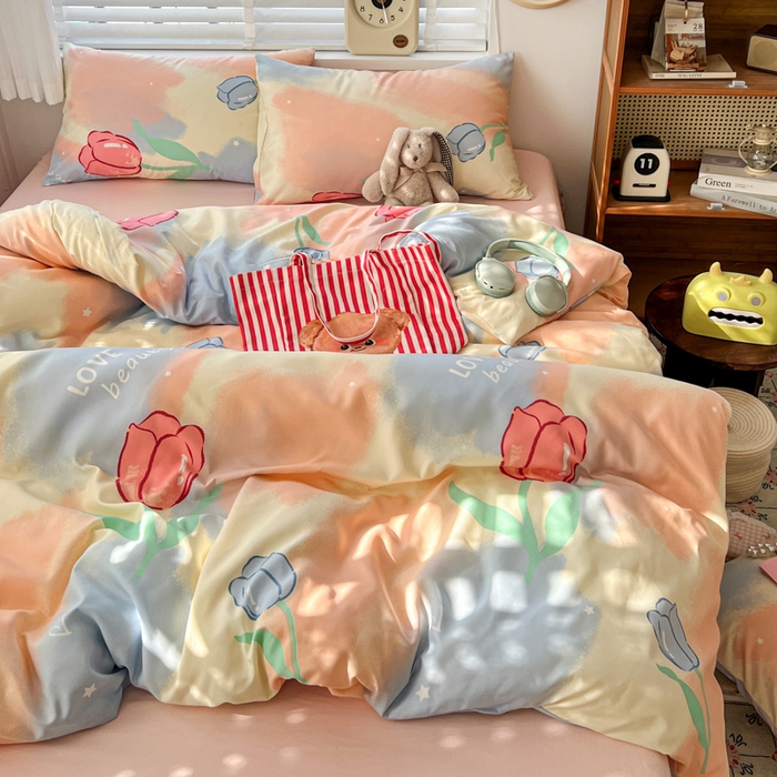 91家纺网 家纺一手货源 找家纺 朵朵家纺 2026新款水洗印花床单床笠款三四件套学生三四件套 郁金花海-粉