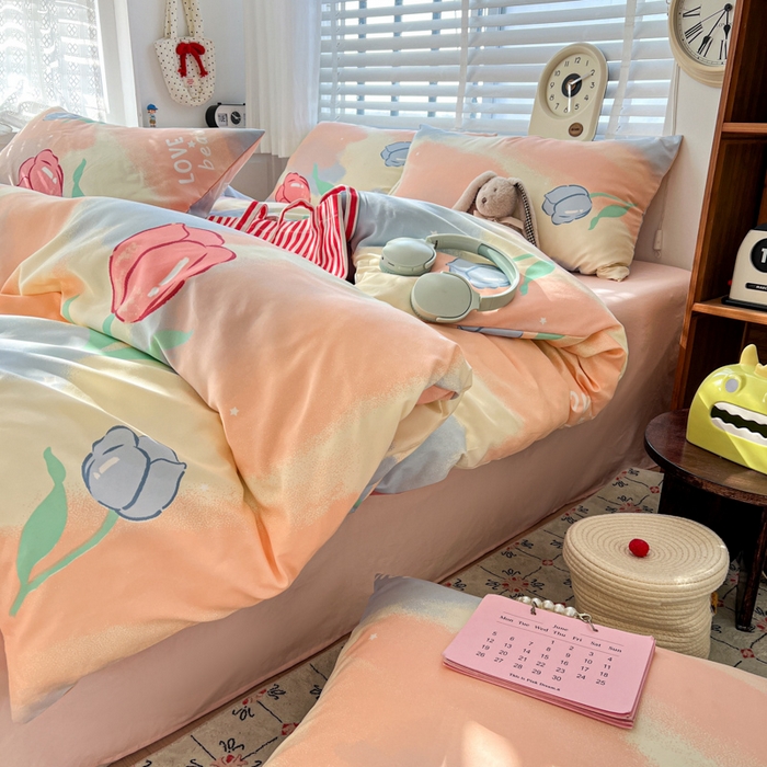 91家纺网 家纺一手货源 找家纺 朵朵家纺 2026新款水洗印花床单床笠款三四件套学生三四件套 郁金花海-粉