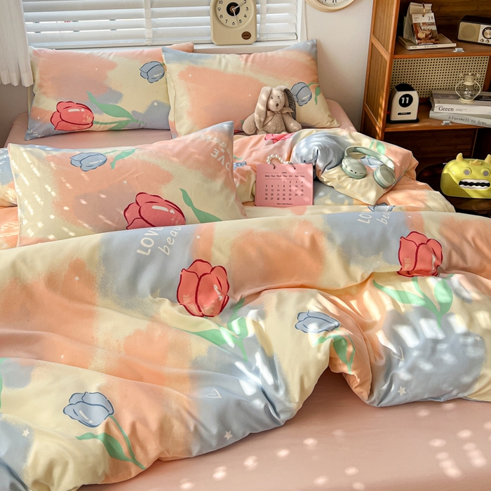 91家纺网 家纺一手货源 找家纺 朵朵家纺 2026新款水洗印花床单床笠款三四件套学生三四件套 郁金花海-粉