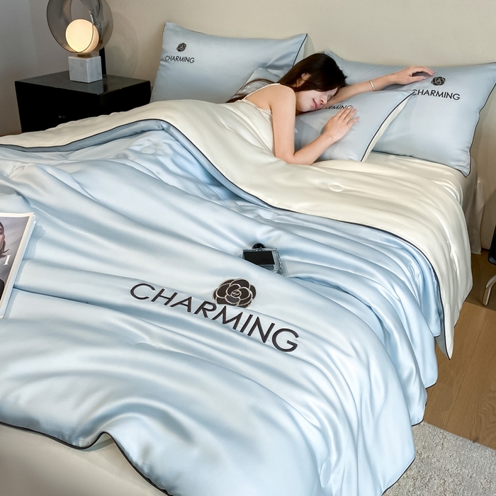 91家纺网 家纺一手货源 找家纺 （总）云棉坊 2026新款滚边水洗真丝刺绣夏被四件套-沐夏系列