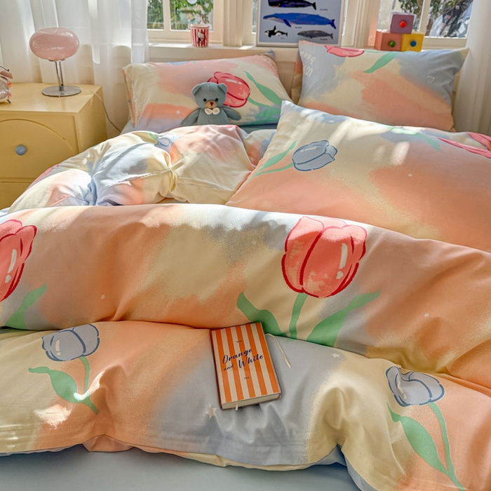 91家纺网 家纺一手货源 找家纺 朵朵家纺 2026新款水洗印花床单床笠款三四件套学生三四件套 郁金花海-蓝