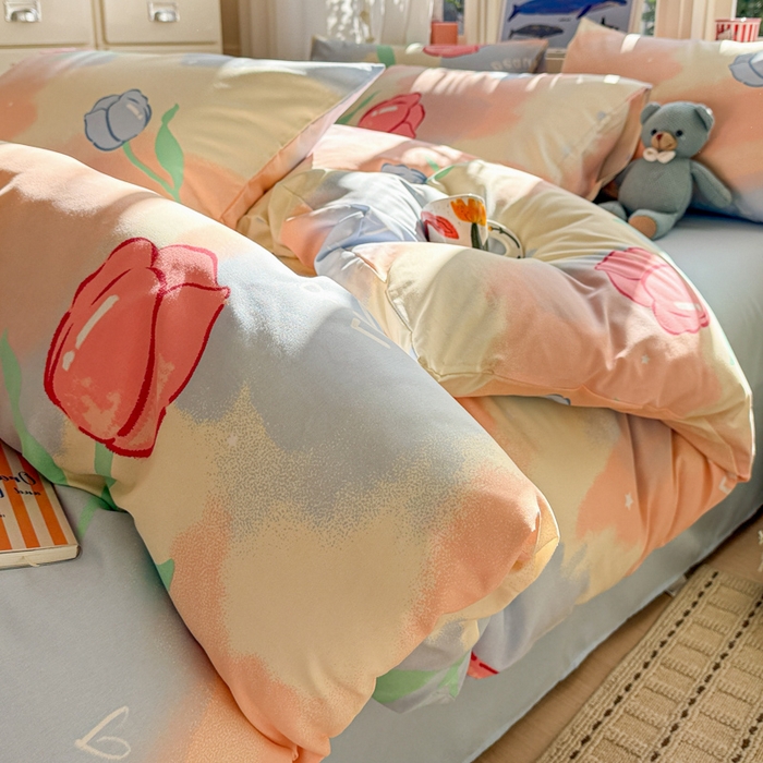 91家纺网 家纺一手货源 找家纺 朵朵家纺 2026新款水洗印花床单床笠款三四件套学生三四件套 郁金花海-蓝