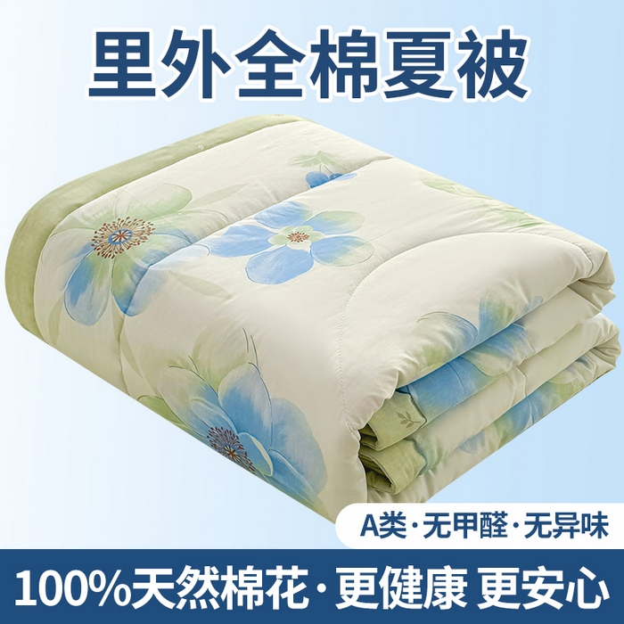 寝美资家居 2026新款A类里外全棉夏凉被四件套-风格三 花期蓝