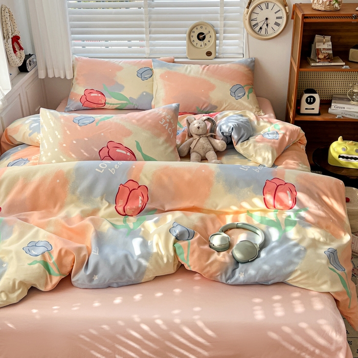 91家纺网 家纺一手货源 找家纺 朵朵家纺 2026新款水洗棉印花单被套系列 郁金花海-粉