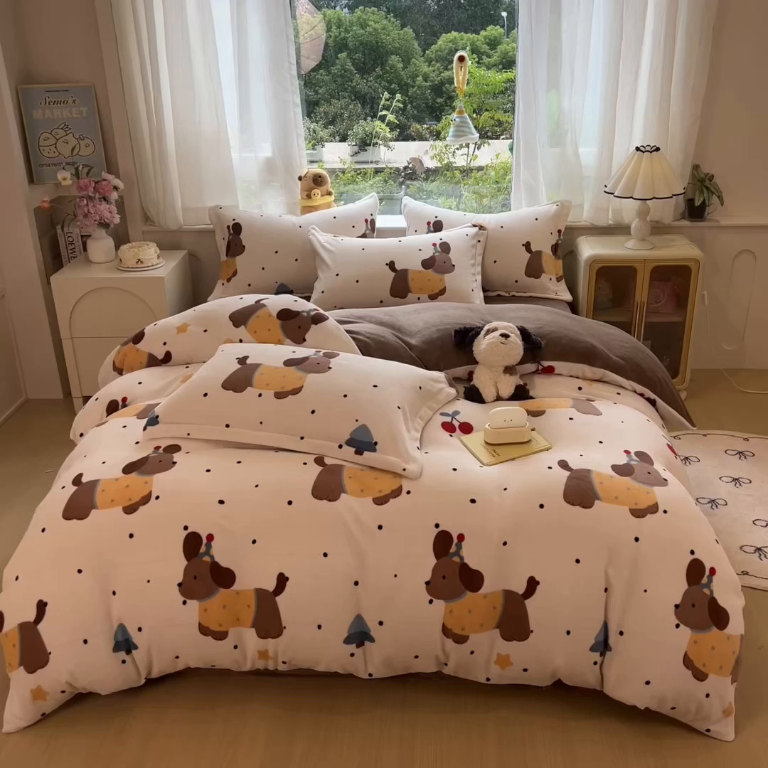 91家纺网 家纺一手货源 找家纺 布凡家居 2026新款190g高克重牛奶绒印花四件套 豹纹腊肠