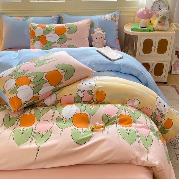 91家纺网 家纺一手货源 找家纺 朵朵家纺 2026新款水洗棉印花单被套系列 兔兔花园